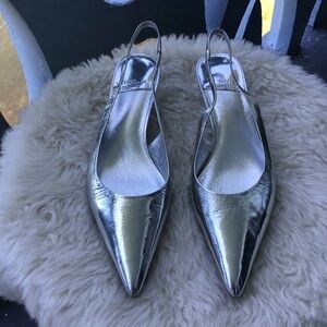 Jeffrey Campbell Persona Metallic Leather Pointed Toe Kitten Heel Slingback